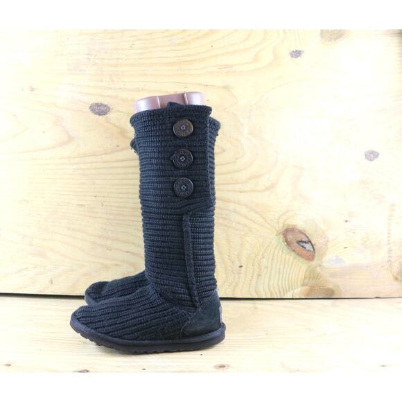 UGG Boots Womens 6 Australia Black Classic Cardy Knit Tall Sweater Shoes - Picture 2 of 8
